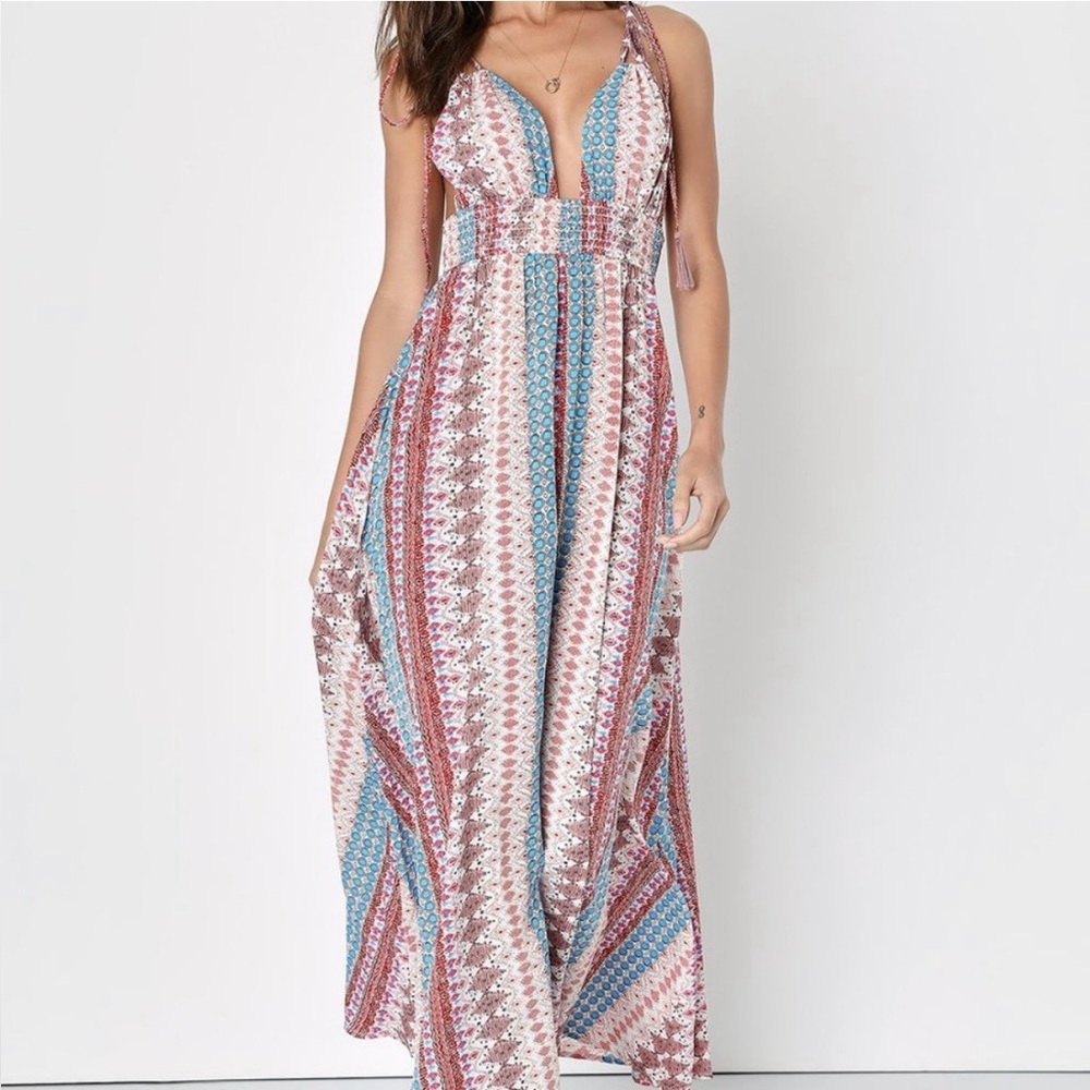 Lulus Maxin' Relaxin' Blue Multi Print Sleeveless Tie-Strap Maxi Dress Size XS
